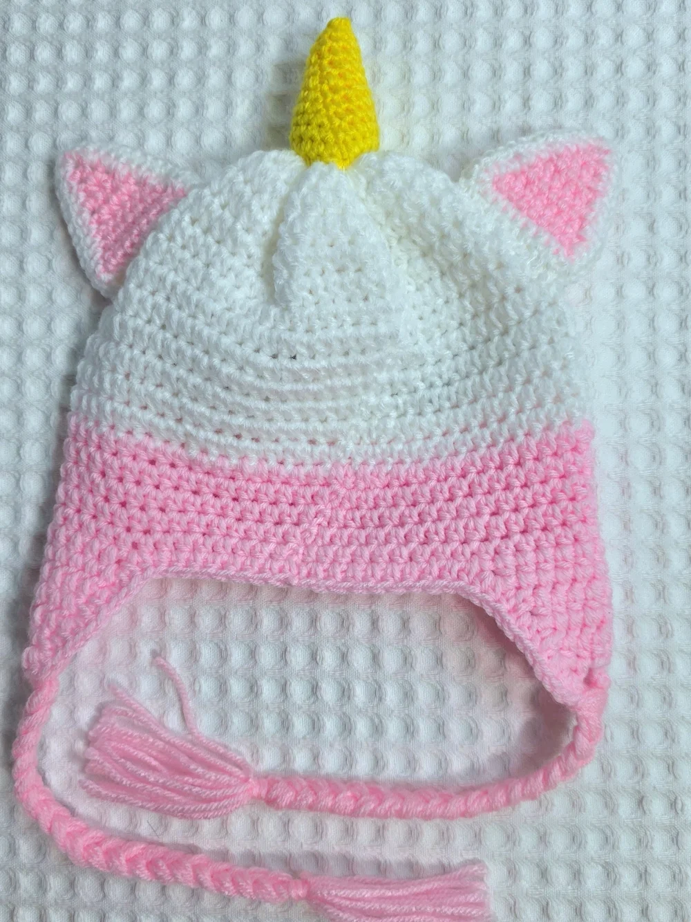 Crocheted Unicorn Earflap Hat in Pink and White 1-3 Years Old